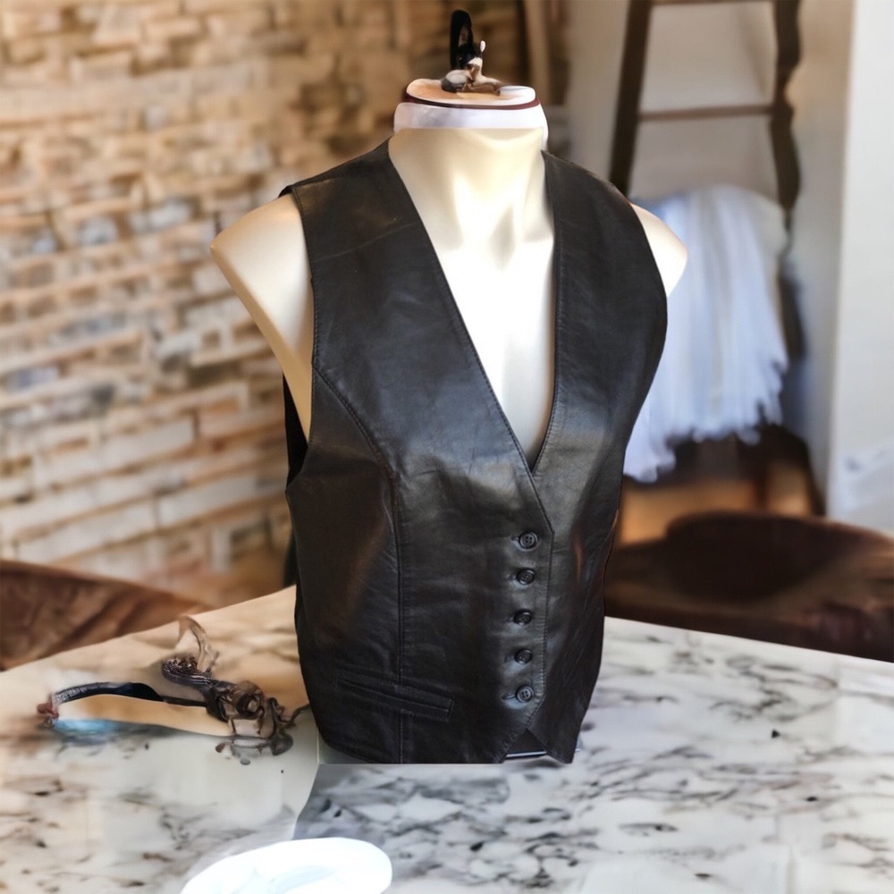 bagatelle Black Leather Button-Front Vest